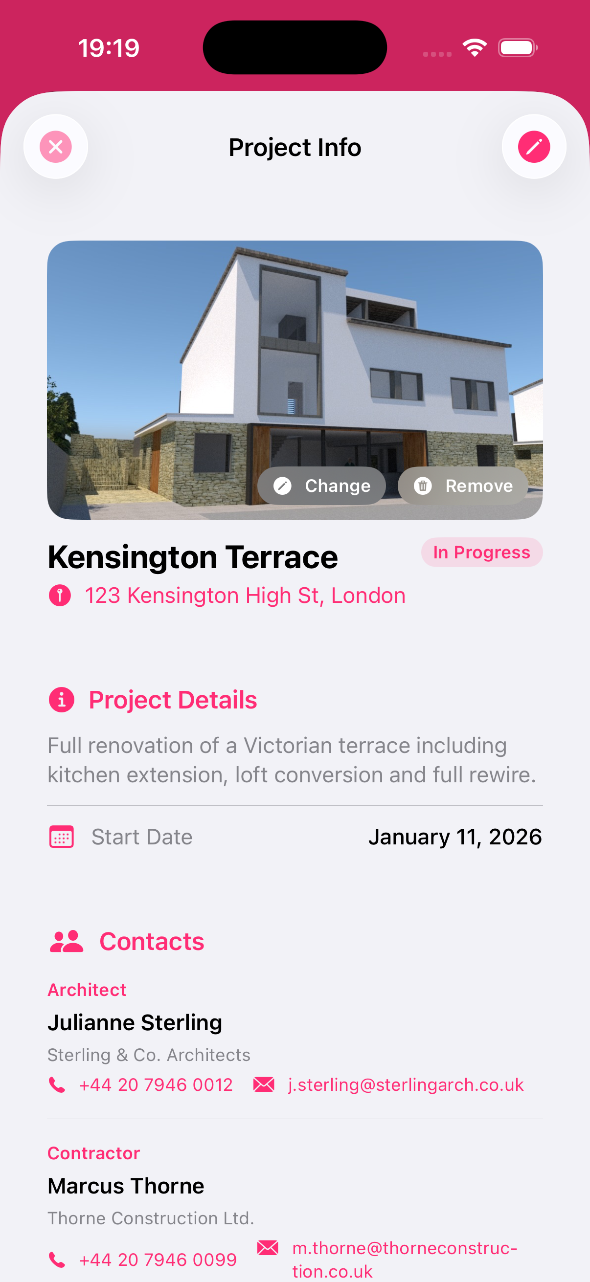 RenoHub project info screen