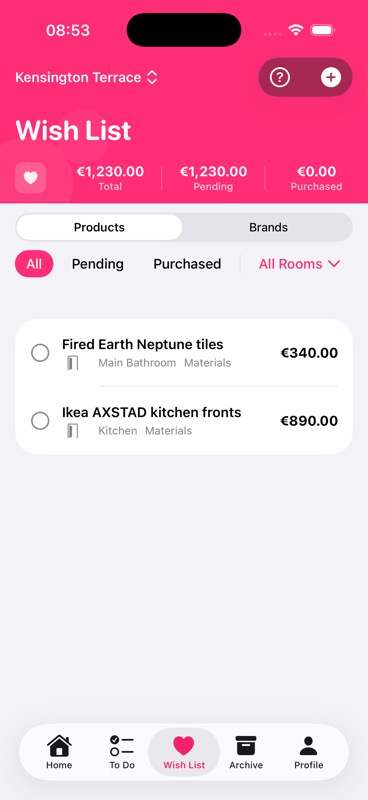 RenoHub wish list screen
