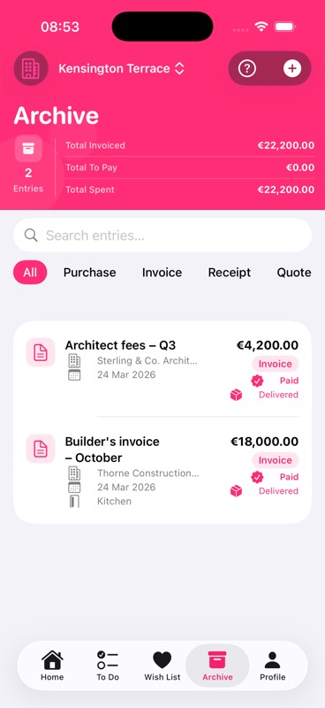 RenoHub archive screen