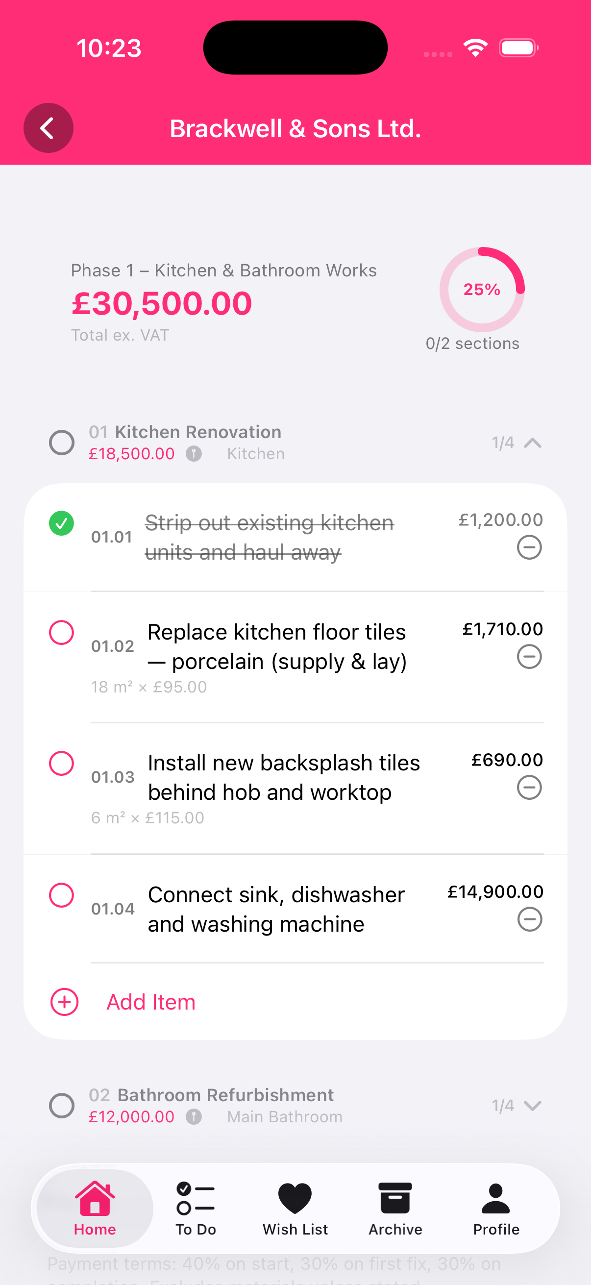 RenoHub contractor works tracker screen